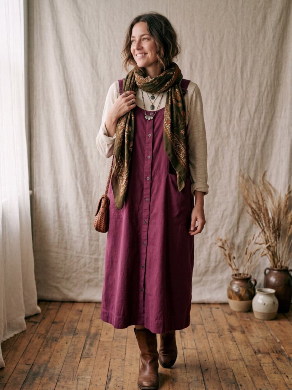 Gudrun Sjoden Organic Cotton Pinafore Dress XL Plum Purple Button Lagenlook